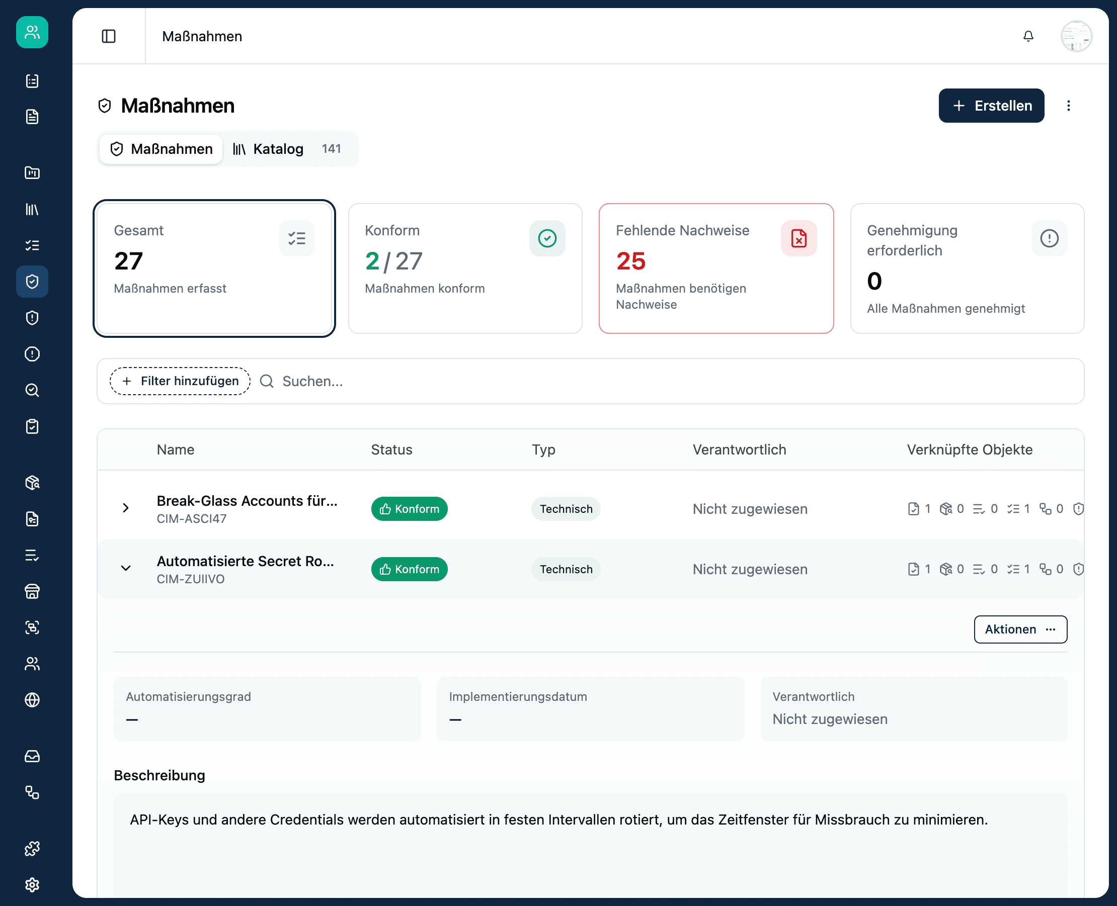 Kopexa Maßnahmen-Übersicht mit Gap-Analyse und Konformitätsstatus